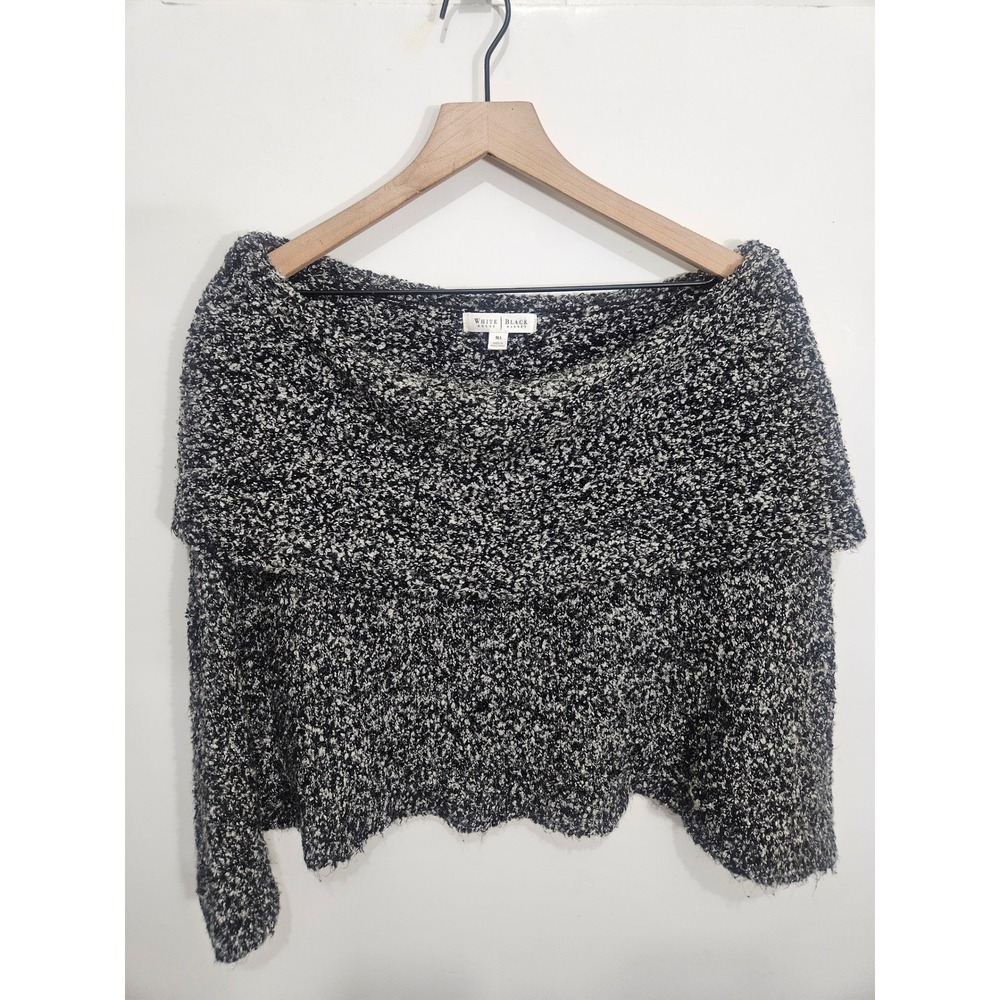 White House Black Market Black White Marled Boucle Cropped Poncho Sweater M/L